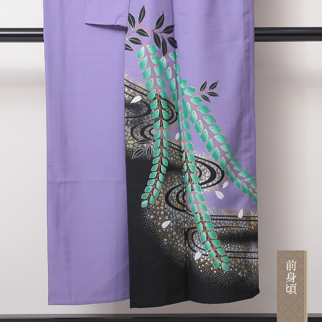 洗える着物 訪問着 単衣 身丈146cm 裄丈64cm ポリエステル Cランク セミフォーマル 広衿 XSサイズ 金箔 流水 桜 紫系 HP 1217-04564