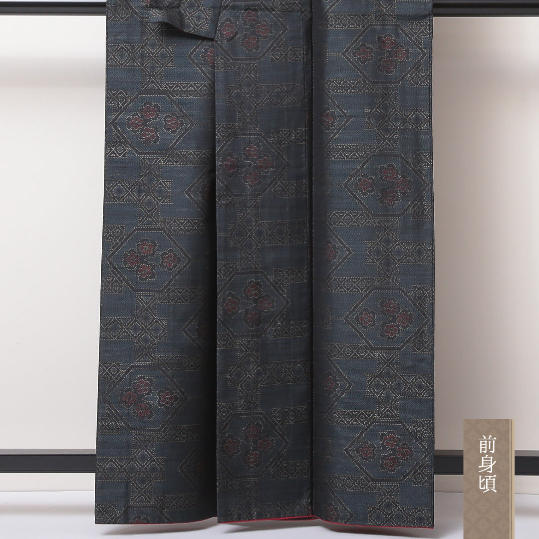 大島紬 袷 身丈160cm 裄62cm 正絹 亀甲 緑系 Aランク 1216-01050