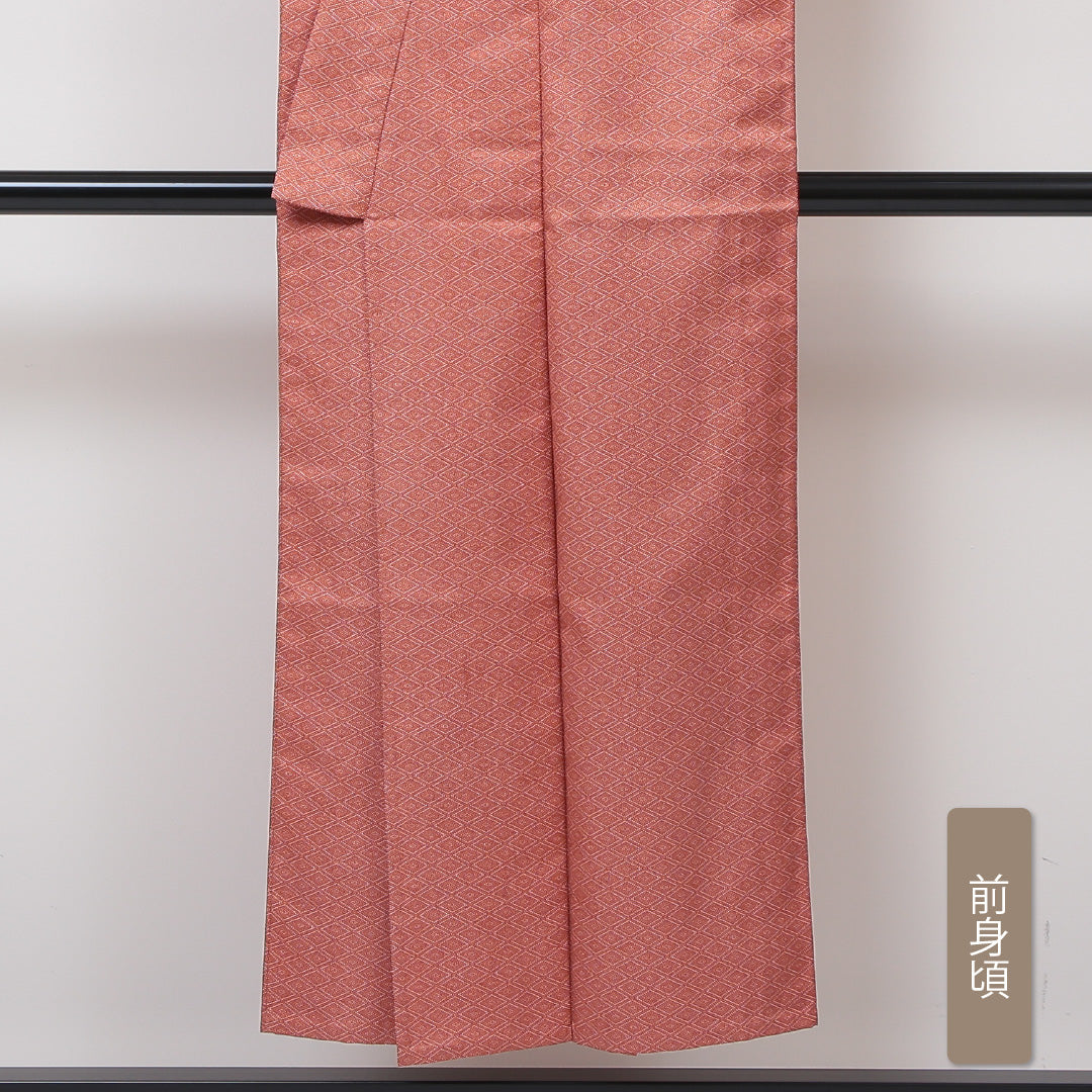 江戸小紋 単衣 身丈147cm 裄丈62cm 正絹 Cランク インフォーマル バチ衿 XSサイズ 菱 朱系 HP 1220-01195