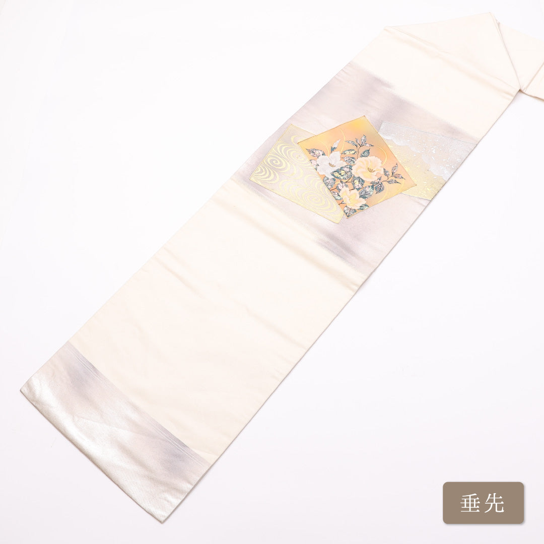 名古屋帯 帯丈338cm ポイント柄 名古屋仕立て Bランク セミフォーマル 金駒刺繍 引箔 金彩 牡丹 クリーム系 正絹 銀系 1224-00999