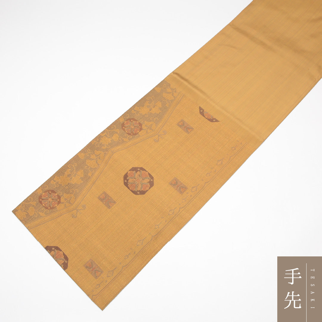 袋帯(紬) 帯丈428cm 正絹 六通 染め帯 カジュアル 花菱 黄系 1243-01252