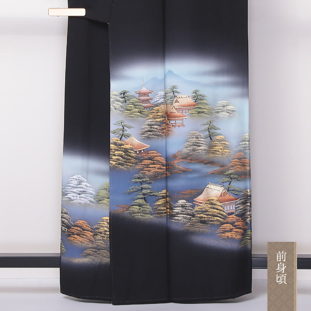 黒留袖 五つ紋 丸に中陰蔦 身丈161cm 裄丈66cm Aランク 正絹 袷 比翼 広衿 L 落款 金彩 京洛百景 京友禅 フォーマル 黒系 1211-F0231