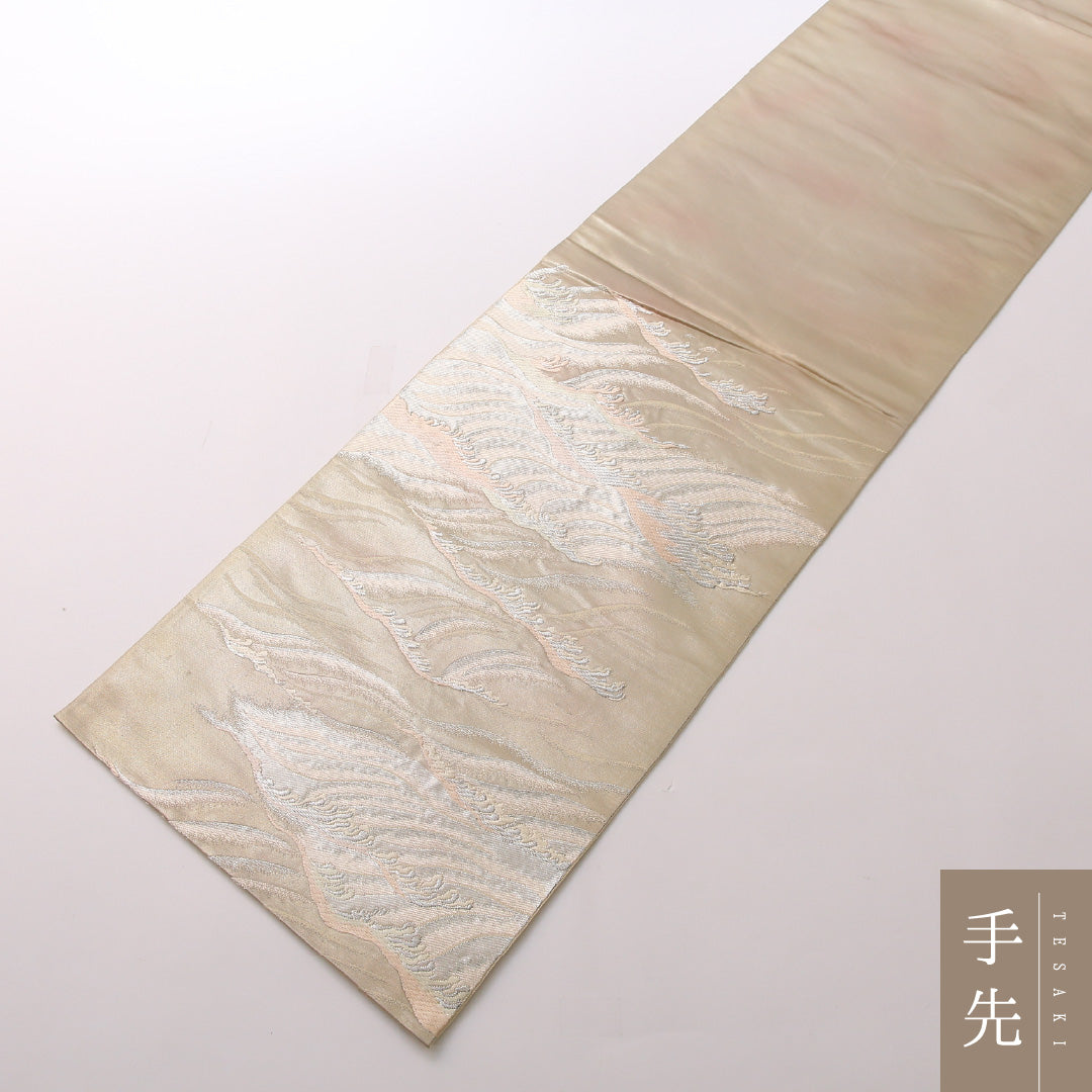 袋帯 帯丈420cm 正絹 六通 フォーマル 綴れ織 荒磯 クリーム系 銀系 1243-01642