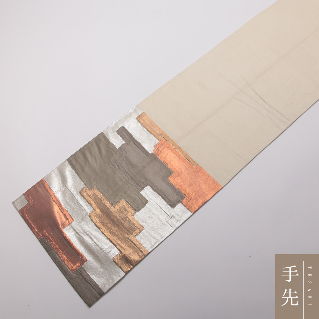 袋帯 帯丈410cm 六通 創作 セミフォーマル カジュアル 銀系 正絹 Sランク 1223-01354