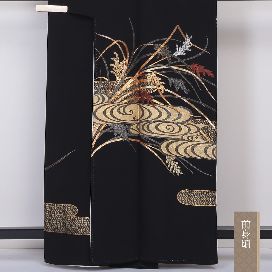 黒留袖 五つ紋 五三桐 身丈161cm 裄丈64.5cm Sランク 正絹 袷 比翼 広衿 L 観世水 稲 フォーマル 黒系 1211-F0222
