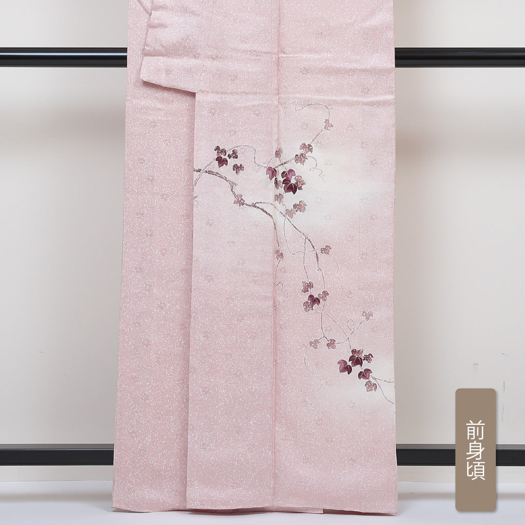 訪問着 袷 身丈162cm 裄丈64cm 正絹 Aランク 紋意匠 (紅葉) セミフォーマル 広衿 Lサイズ 刺繍 葡萄 ピンク系 PO 1217-04242