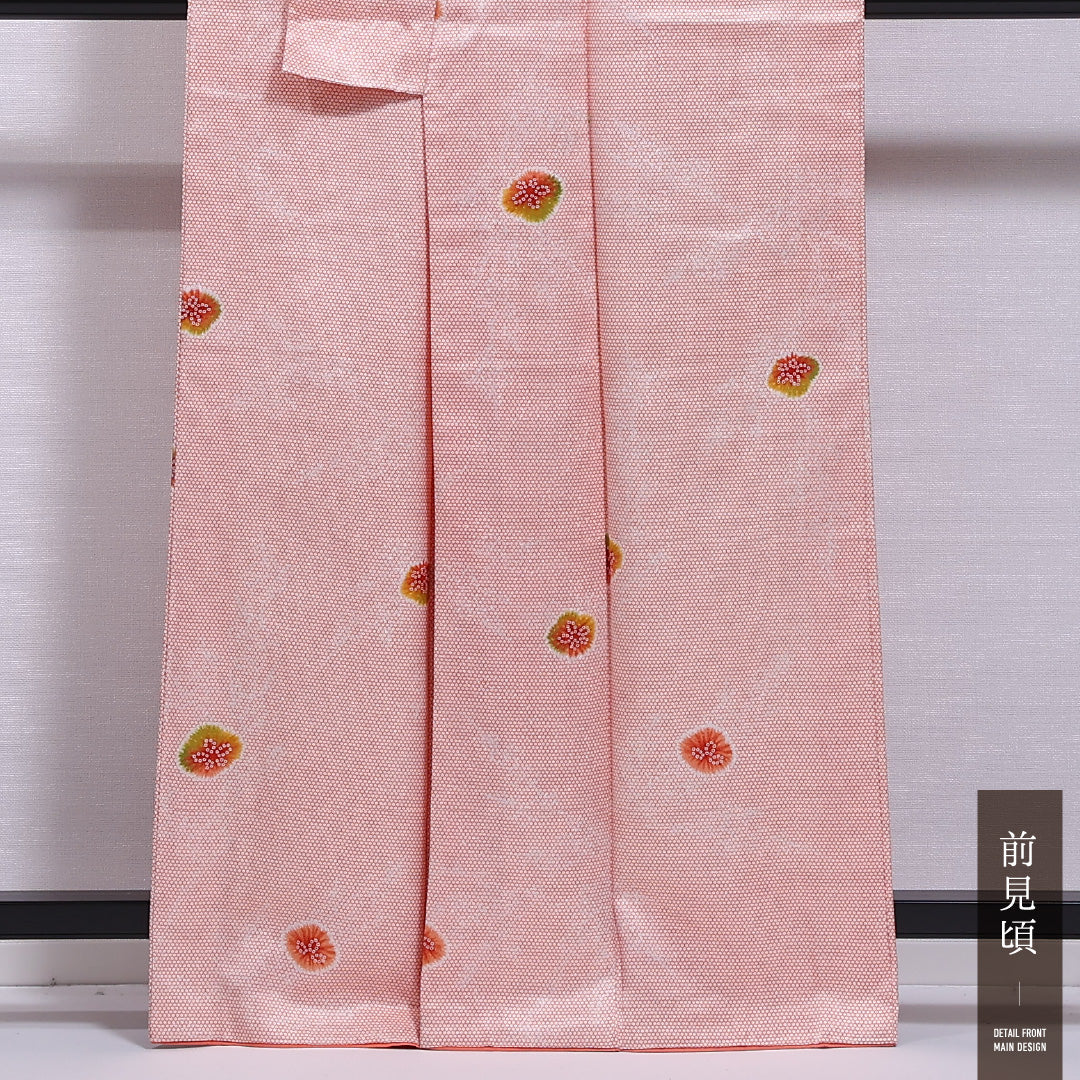 洗える着物 小紋 (お召) 袷 身丈160cm 裄丈64cm ポリエステル Sランク インフォーマル 広衿 Lサイズ 亀甲 ピンク系 RP 1221-11655