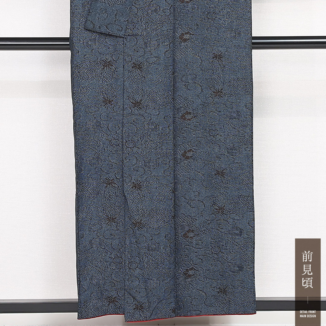 紬 袷 身丈156cm 裄丈65cm 正絹 Sランク カジュアル 広衿 Mサイズ 唐草 花菱 紅葉 紺系 RP 1223-13163
