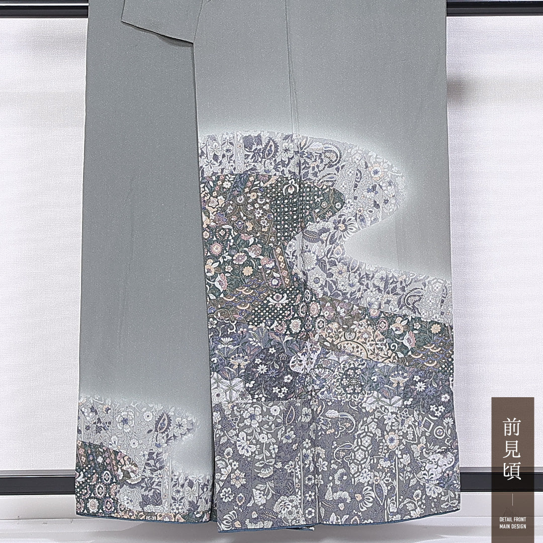 訪問着 (ちりめん) 袷 身丈150cm 裄丈66cm 正絹 Aランク セミフォーマル 広衿 Sサイズ 更紗 証紙 花柄 ちりめん グレー系 M4 1217-11209