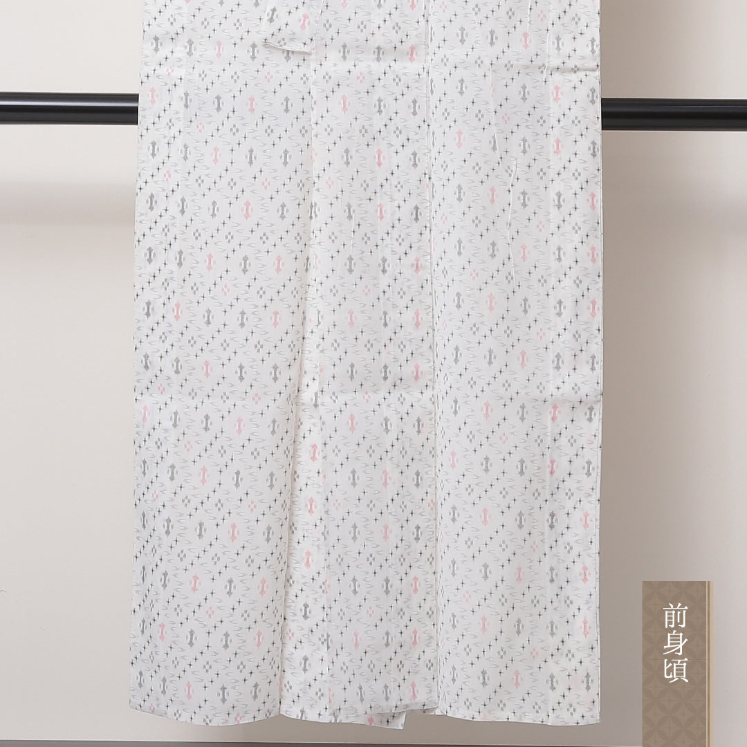 小紋 単衣 身丈148cm 裄60.5cm ウール 洗える着物 絣模様 白系 Bランク 1215-02207