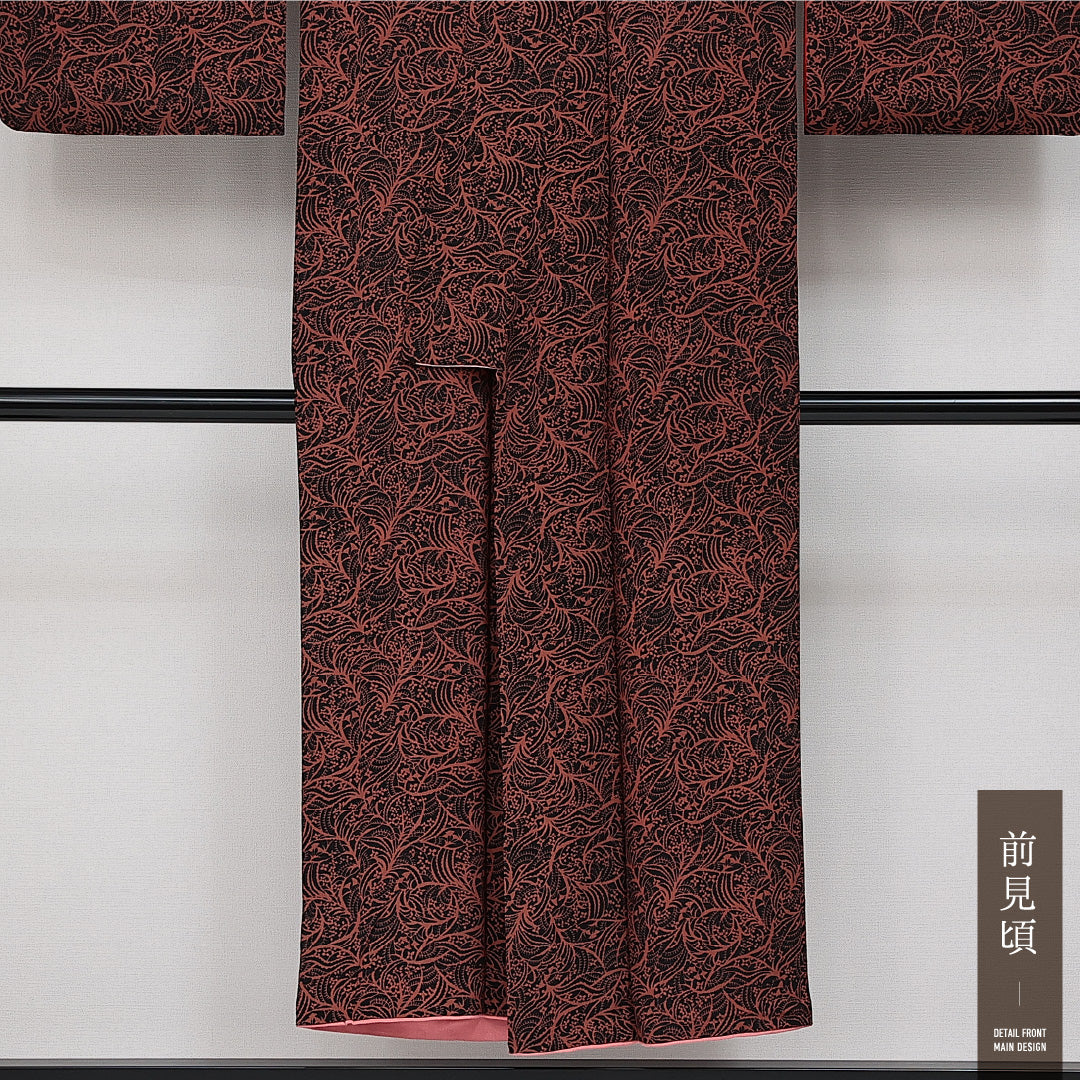 アンティーク 小紋 袷 身丈146cm 裄丈61cm 正絹 Aランク 広衿 XSサイズ 植物柄 黒系 RP 1221-14348