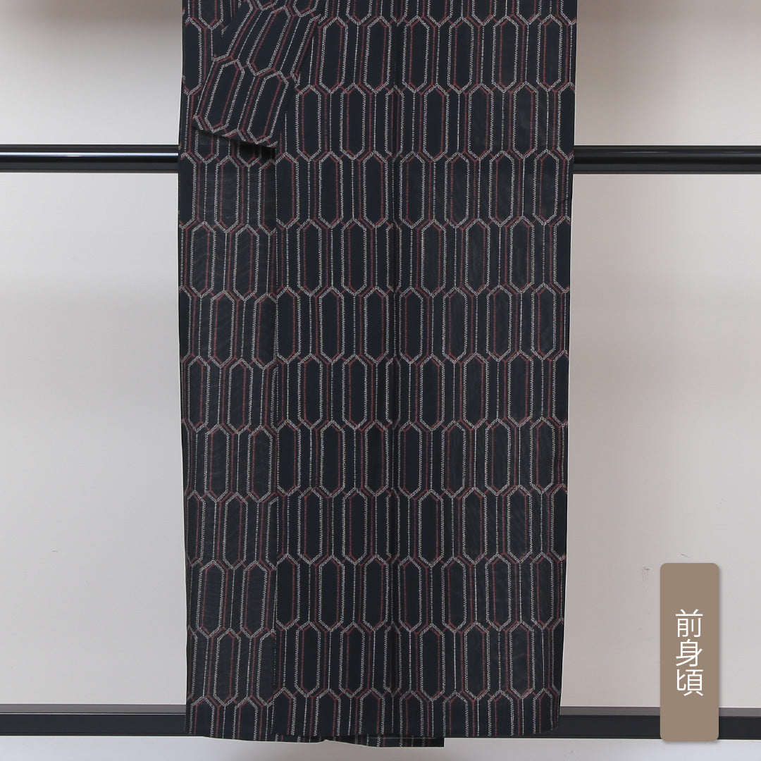 夏物 洗える着物 小紋 紗 身丈153cm 裄丈64cm ポリエステル Sランク インフォーマル 広衿 Sサイズ 幾何学柄 黒系 RP 1221-01136