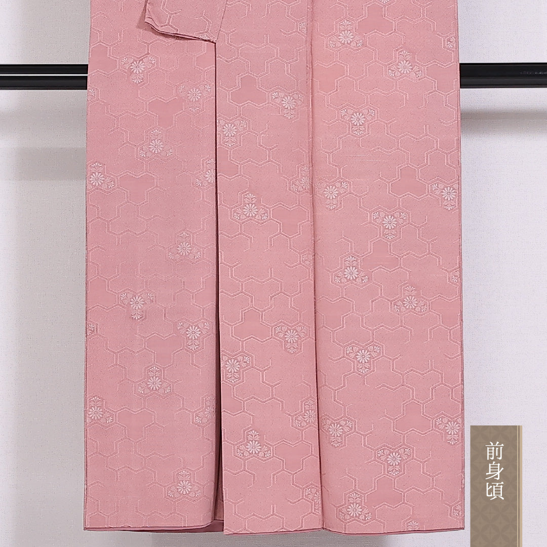 小紋 袷 身丈143cm 裄61cm 正絹 毘沙門亀甲 菊 ピンク系 Sランク 1215-02481