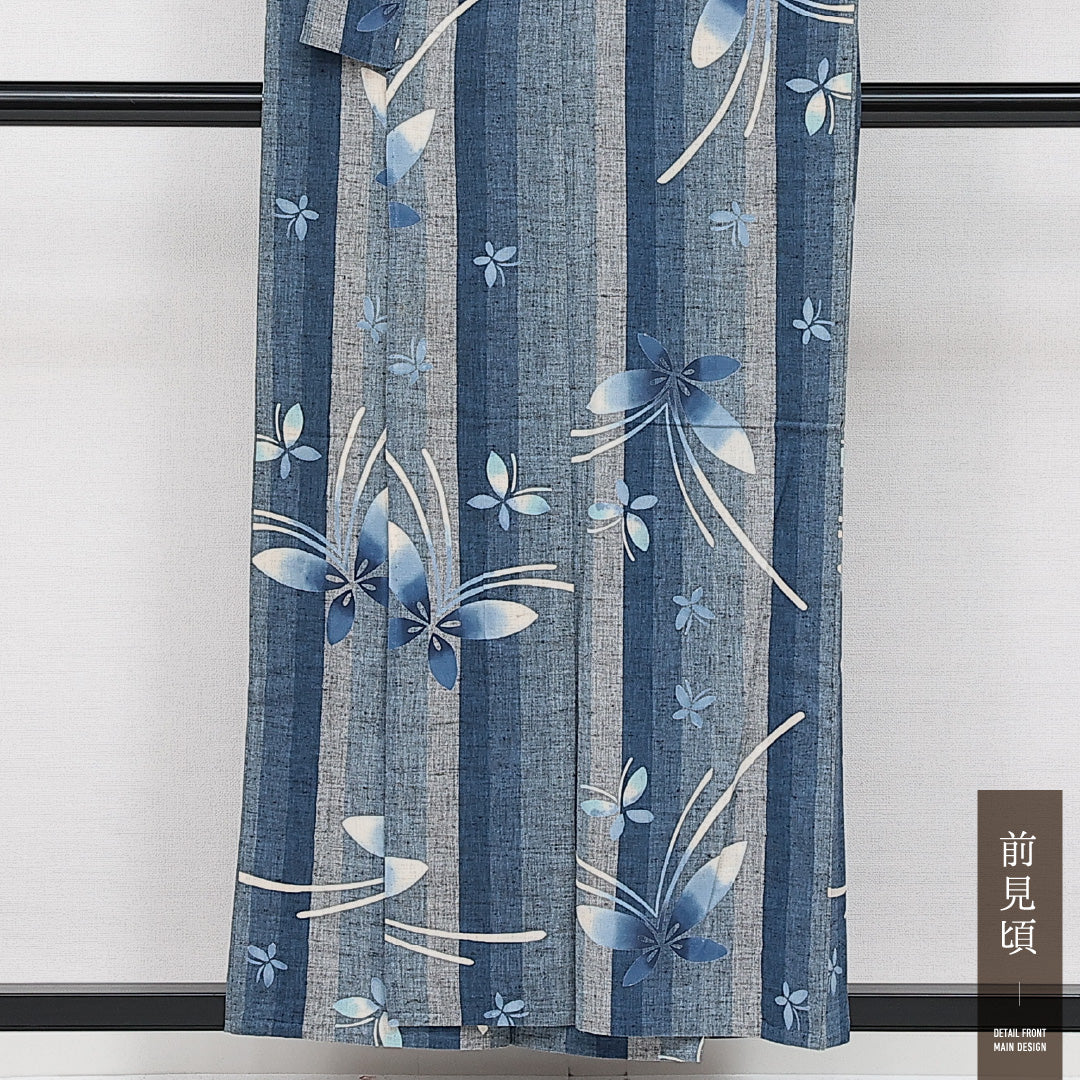 浴衣 夏物 洗える着物 身丈153cm 裄丈66cm Aランク 木綿 バチ衿 Sサイズ カジュアル 蝶 縞 素朴 しとやか 水色系 グレー系 1218-14263