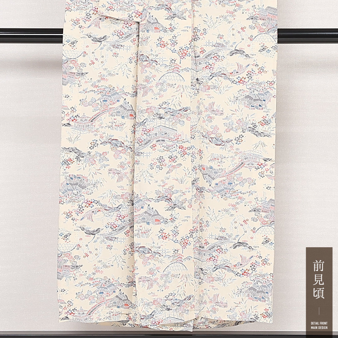 小紋 単衣 身丈149cm 裄丈63cm Sランク 正絹 広衿 XSサイズ カジュアル 京紅型 御所解 クリーム系 上品 爽やか 1215-13258