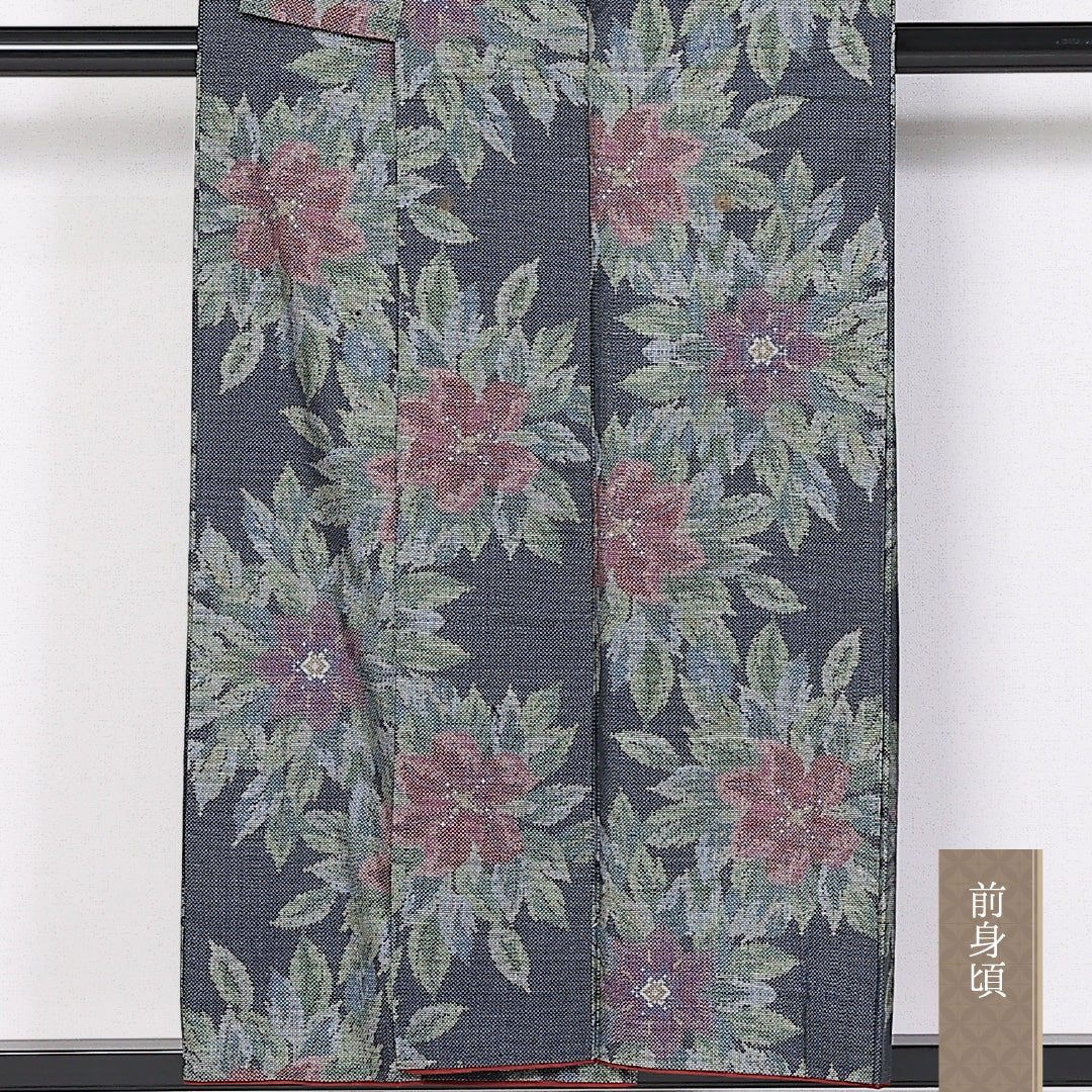 大島紬 袷 身丈152cm 裄64cm 正絹 ボタニカル 紺系 Aランク 1216-01415