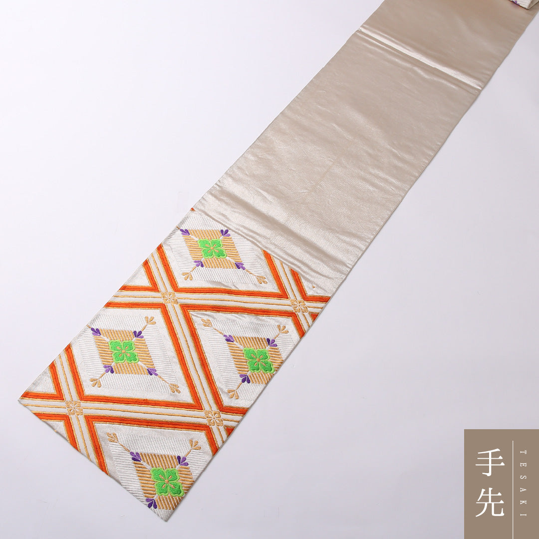 袋帯 帯丈432cm 六通 フォーマル Aランク 正絹 花菱 レトロ 華やか 銀系 1223-01586