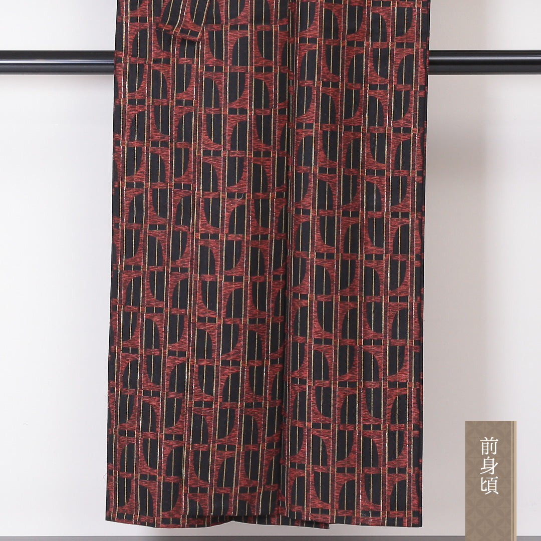 紬 単衣 身丈148cm 裄64.5cm ウール 洗える着物 幾何学 レトロ 黒系 Sランク 1216-00901