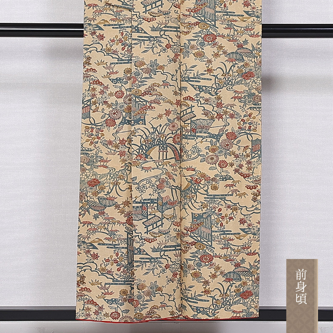 アンティーク 紬 袷 身丈153cm 裄丈63cm 正絹 Aランク バチ衿 Sサイズ 江戸紅型 松竹梅 光悦垣 黄系 M4 1223-11010