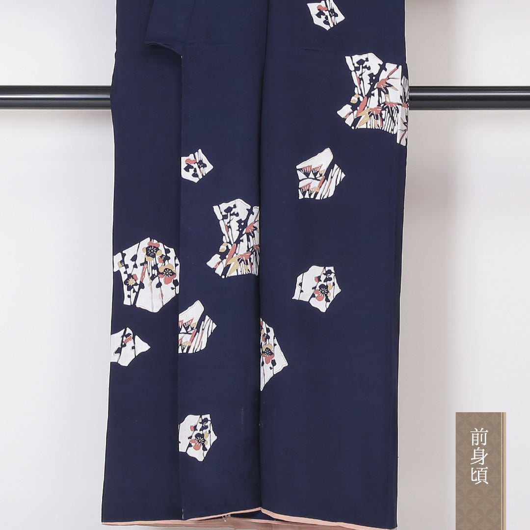 アンティーク 小紋 袷 身丈144cm 裄63cm 正絹 紺系 Bランク 1215-02115