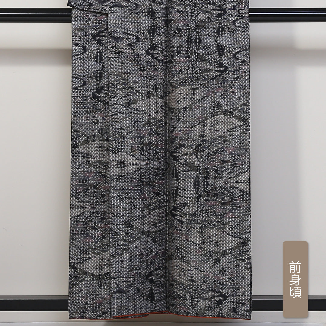紬 袷 身丈155cm 裄丈64cm 正絹 Sランク カジュアル 広衿 Mサイズ 経緯絣 茶屋辻 グレー系 RP 1223-03145