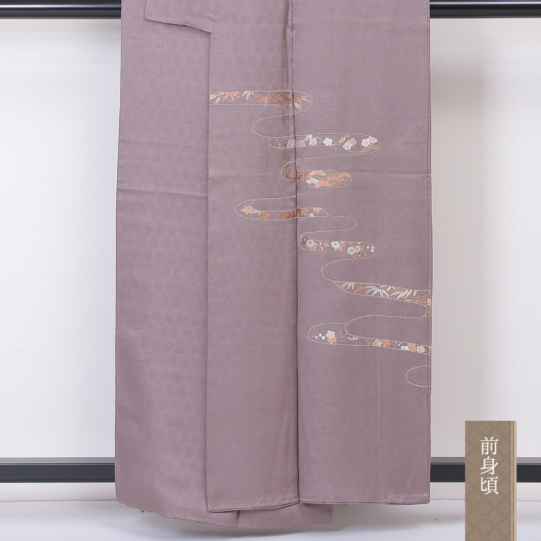 付下げ 袷 身丈156cm 裄丈62cm 正絹 Bランク 一つ紋 (蔓柏) セミフォーマル 広衿 Mサイズ 相良刺繍 エ霞 梅 笠松 茶系 RP 1218-04554