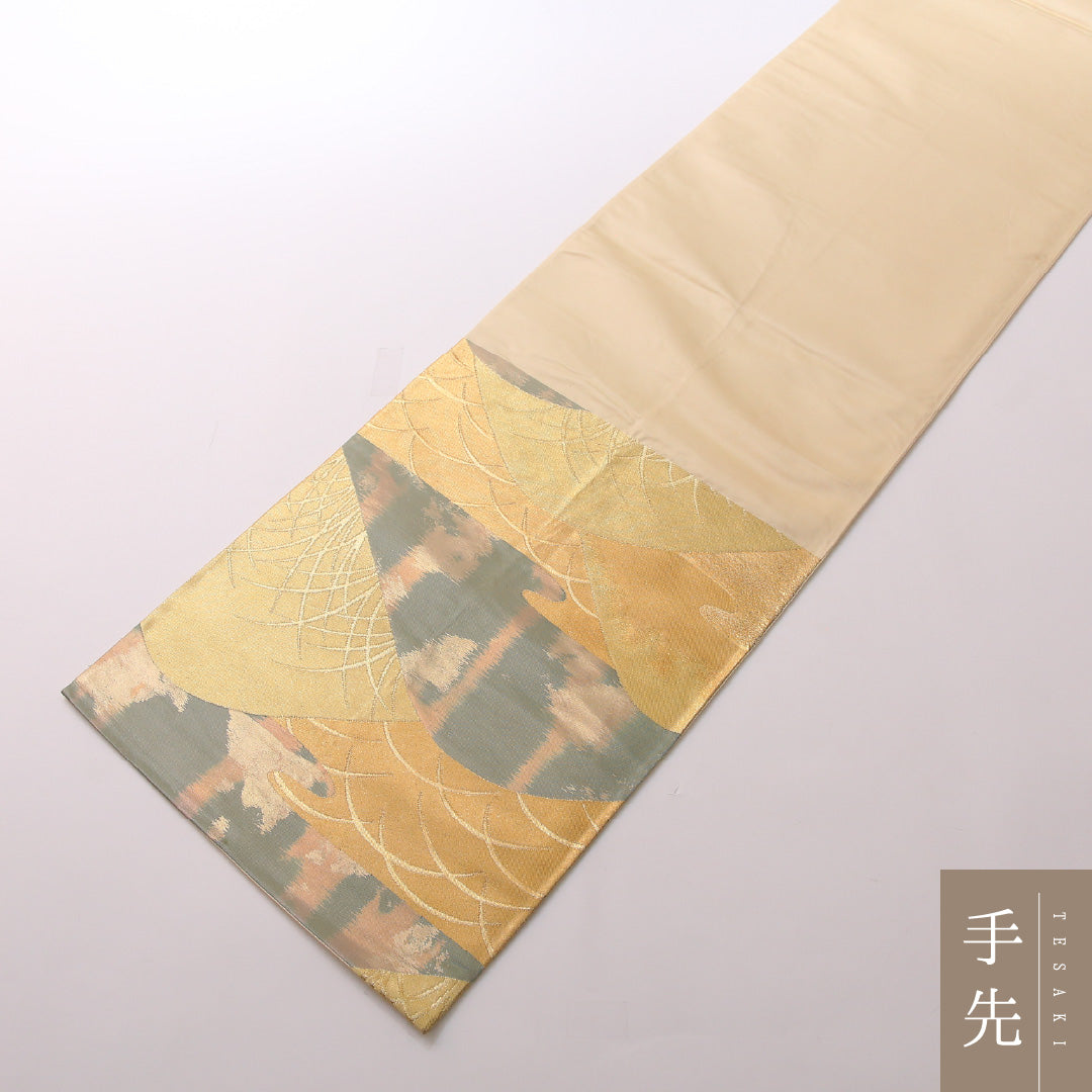 袋帯 帯丈416cm 正絹 六通 セミフォーマル 綴れ織 遠山 すすき 金系 緑系 1243-01671