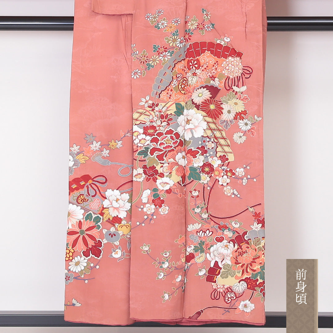 アンティーク 訪問着 (錦紗) 袷 身丈153cm 裄丈62cm 正絹 Aランク 紋意匠 (吉祥文様) 広衿 Sサイズ 牡丹 ピンク系 RP 1217-04502