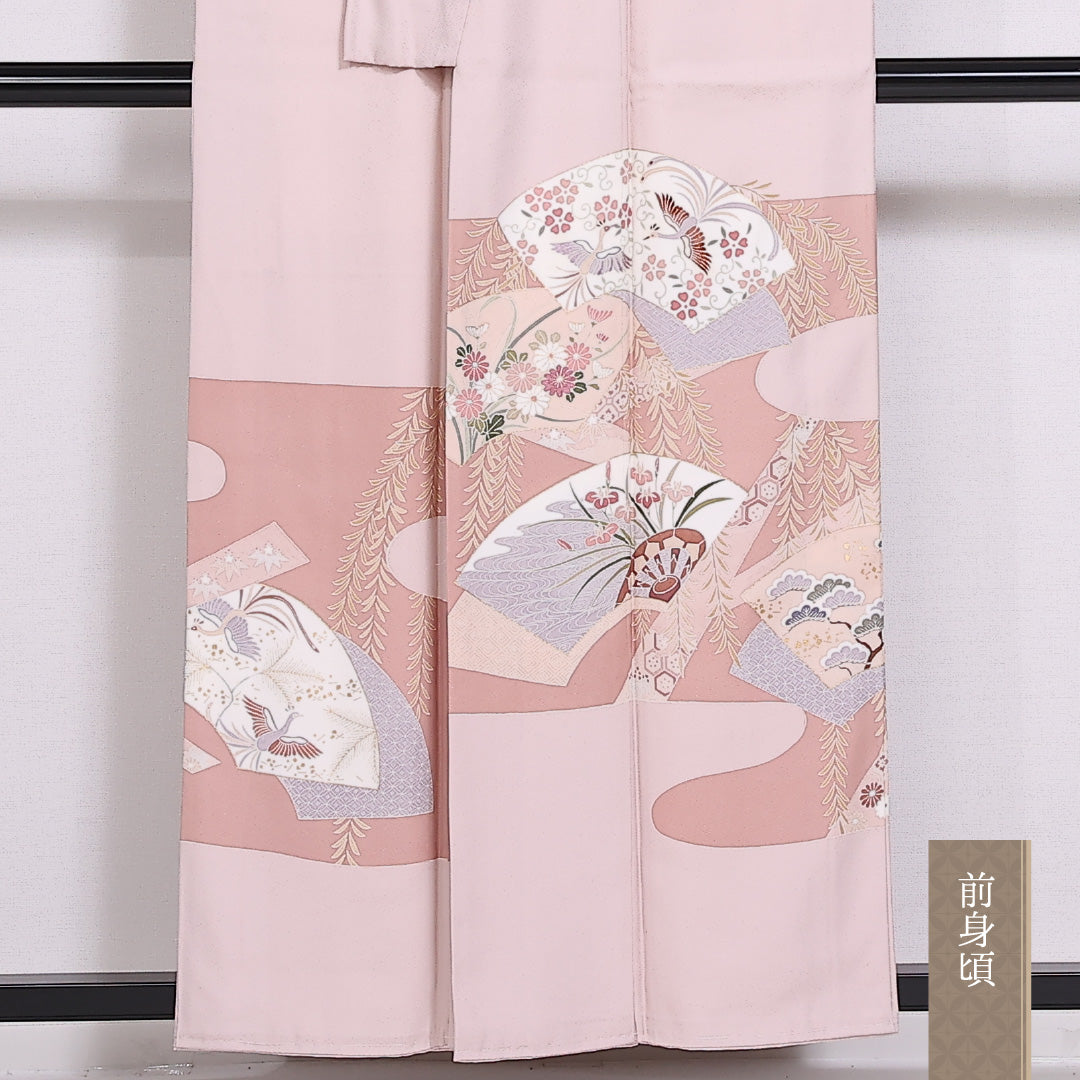 色留袖 五つ紋 三ツ割五三桐 身丈154cm 裄丈64cm Sランク 正絹 袷 比翼 広衿 S 作家物 落款 しつけ糸 紗彩形 花喰鳥 吉祥文様 扇 金彩 フォーマル ピンク系 1211-F0289