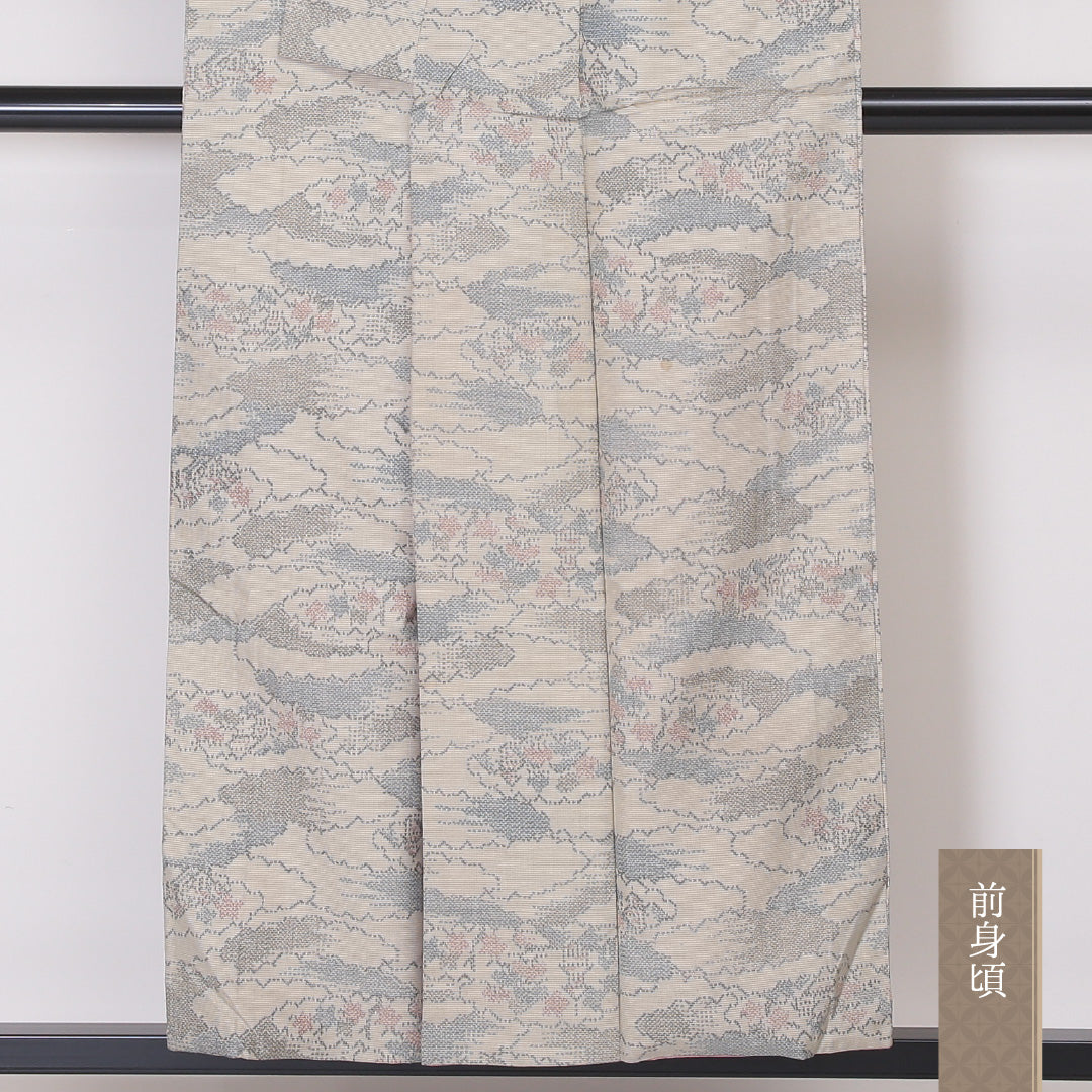 大島紬 袷 身丈153cm 裄63cm 正絹 雲取 クリーム系 Bランク 1216-00934