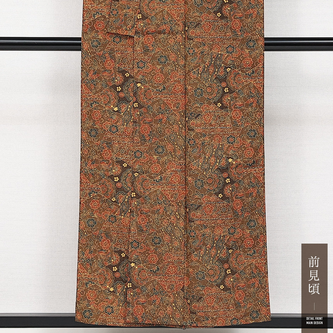 洗える着物 小紋 袷 身丈152cm 裄丈61cm ポリエステル Sランク インフォーマル バチ衿 Sサイズ 更紗 茶系 RP 1221-14215