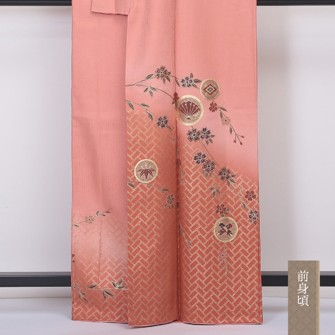 訪問着 袷 身丈163cm 裄丈66cm 正絹 Sランク セミフォーマル 広衿 Lサイズ 金彩 檜垣 吉祥文様 ピンク系 RP 1217-04509