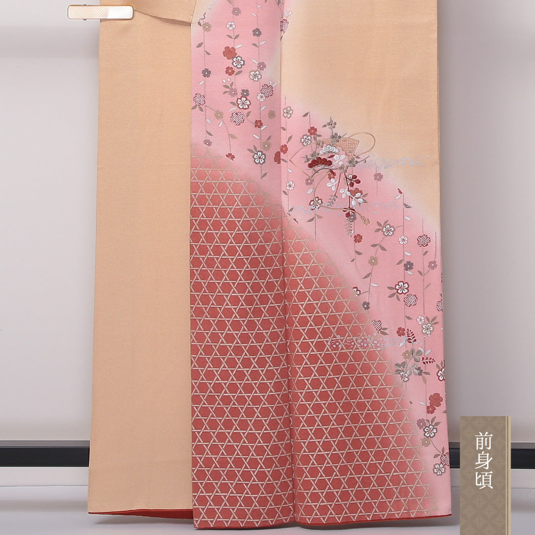 訪問着 袷 身丈160cm 裄丈64cm 正絹 Aランク セミフォーマル 広衿 Lサイズ ぼかし染 金彩 汕頭刺繍 扇 籠目 花柄 クリーム系 RP 1217-04584