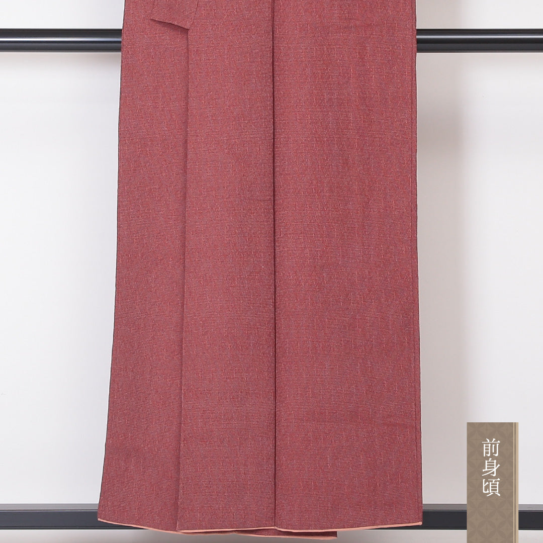 アンティーク お召 袷 身丈153cm 裄丈63cm 正絹 Aランク バチ衿 Sサイズ 色無地 無地 朱系 RP 1222-03433