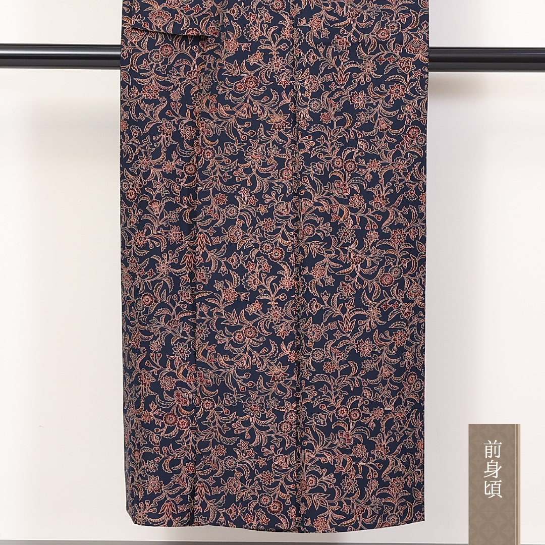 小紋 単衣 身丈147cm 裄丈60cm 正絹 Sランク XSサイズ 広衿 インフォーマル 花柄 紺系 1215-02295