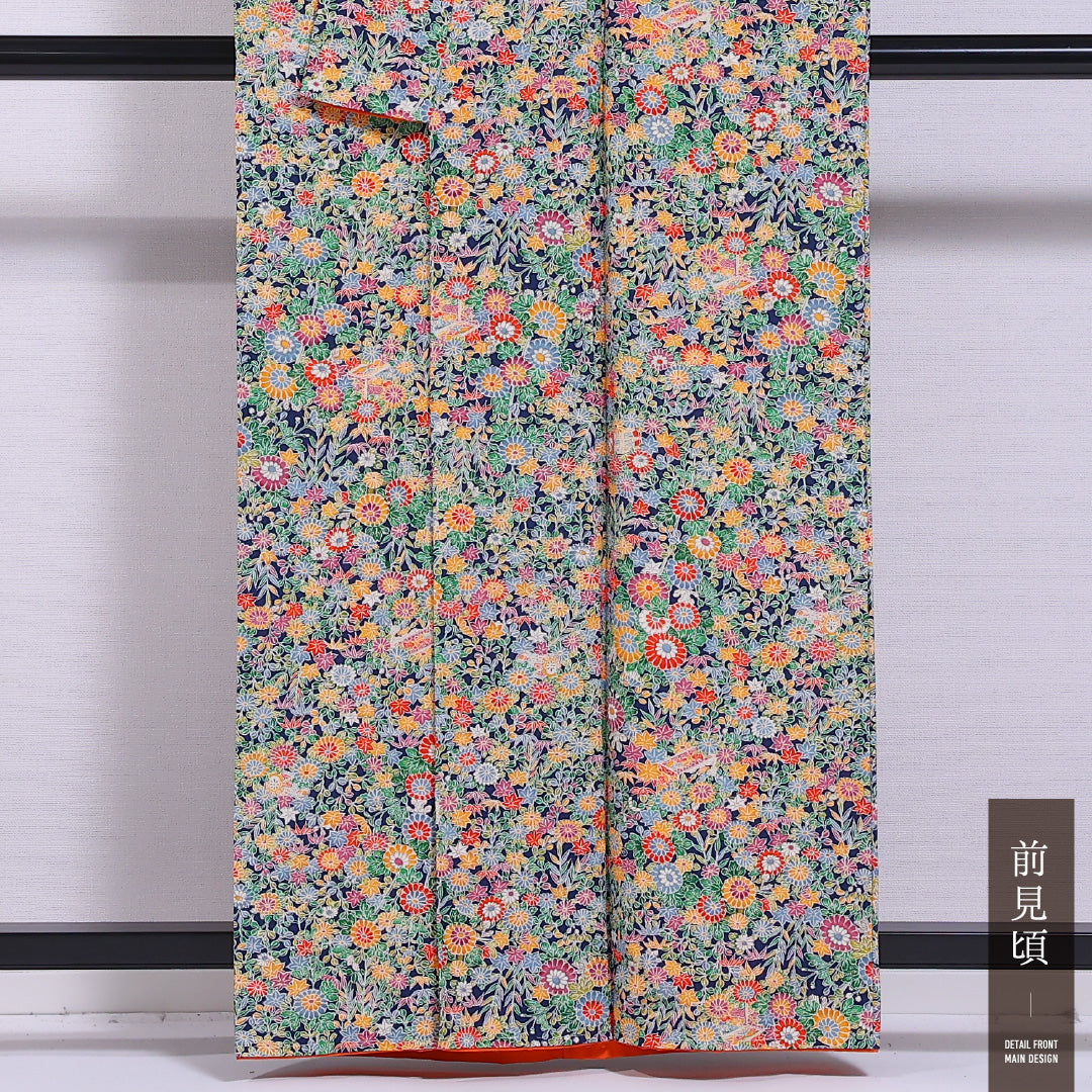 小紋 袷 身丈159cm 裄丈63cm 正絹 Sランク インフォーマル 広衿 Mサイズ 菊 植物柄 緑系 RP 1221-11747