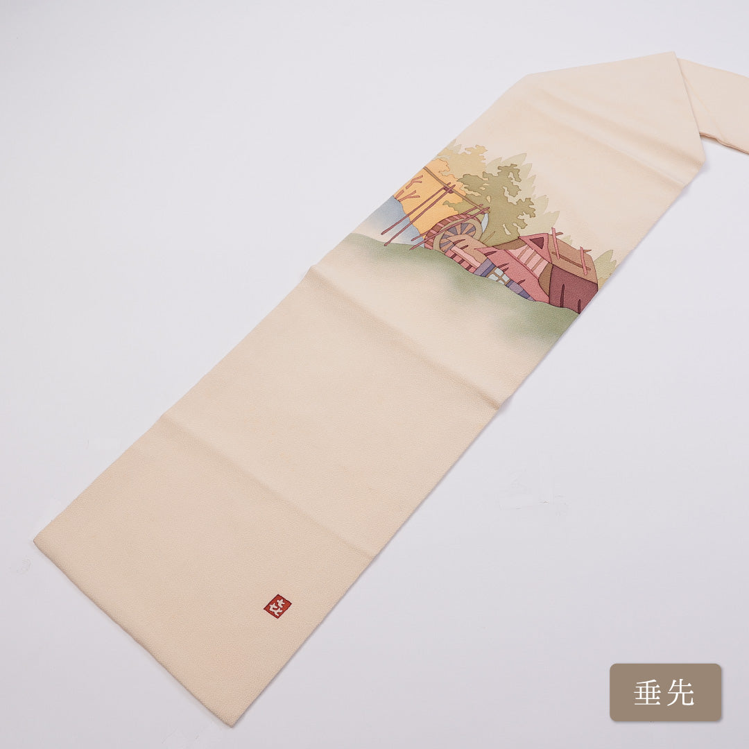 九寸名古屋帯 Cランク 帯丈364cm 正絹 ポイント柄 名古屋仕立て 染め インフォーマル 落款 ちりめん 茶屋辻 クリーム系 LP 1245-00943