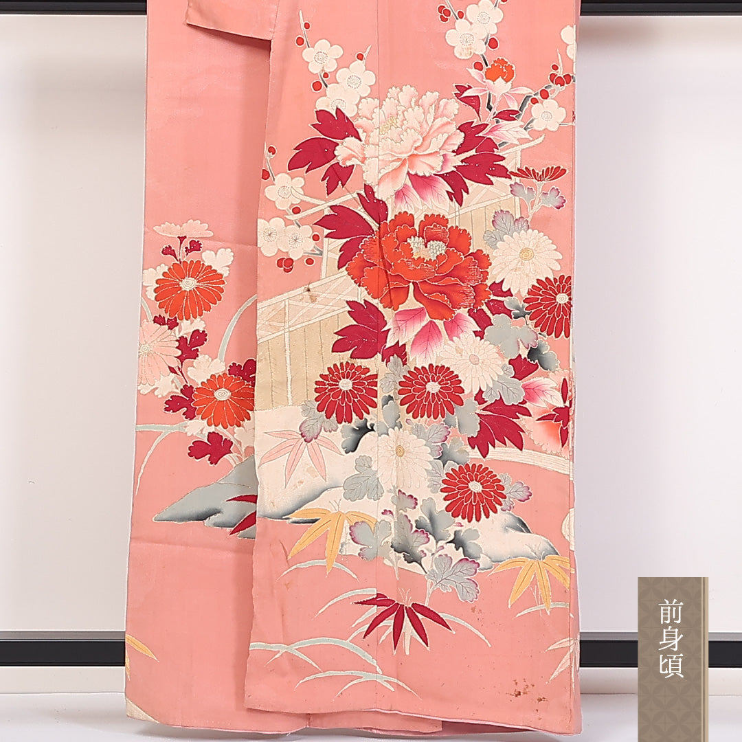 アンティーク 小振袖 身丈161cm 裄丈62.5cm Cランク 袷 正絹 広衿 花車 1213-F0070