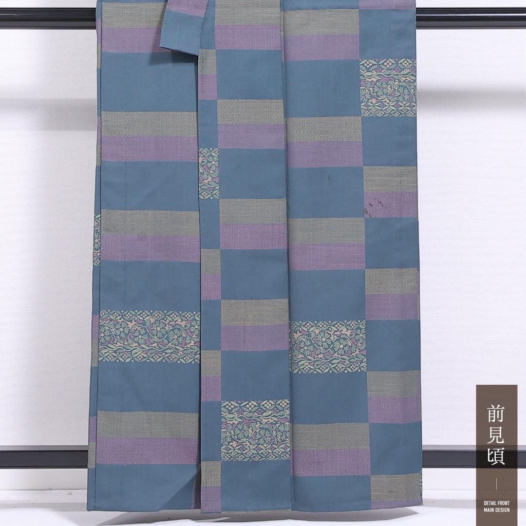 洗える着物 ウールの紬 単衣 身丈158cm 裄丈62cm ウール Bランク カジュアル バチ衿 Mサイズ 市松 青系 HP 1223-11556