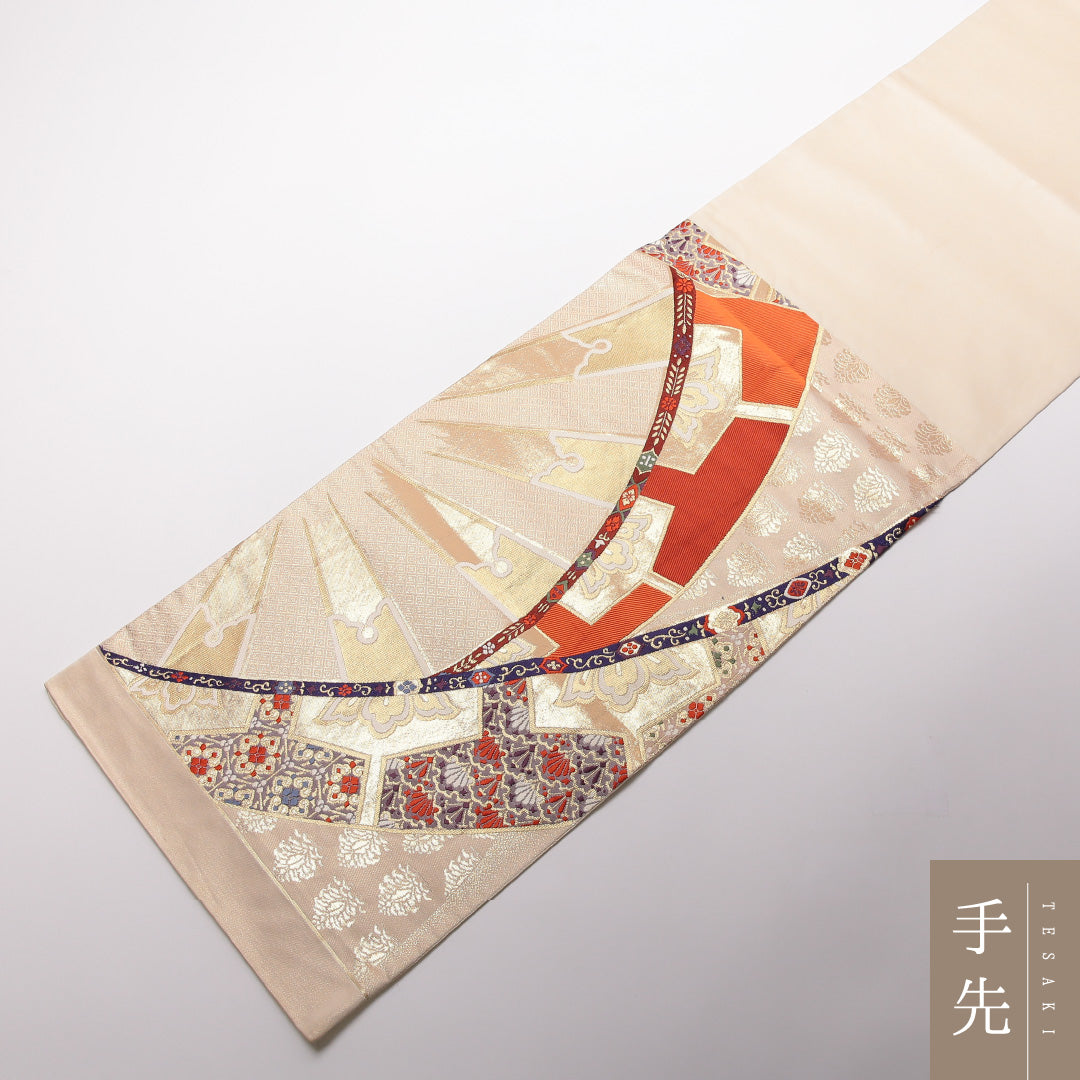 袋帯 帯丈440cm 正絹 全通 フォーマル 源氏車 吉祥文様 ベージュ系 クリーム系 1243-01413