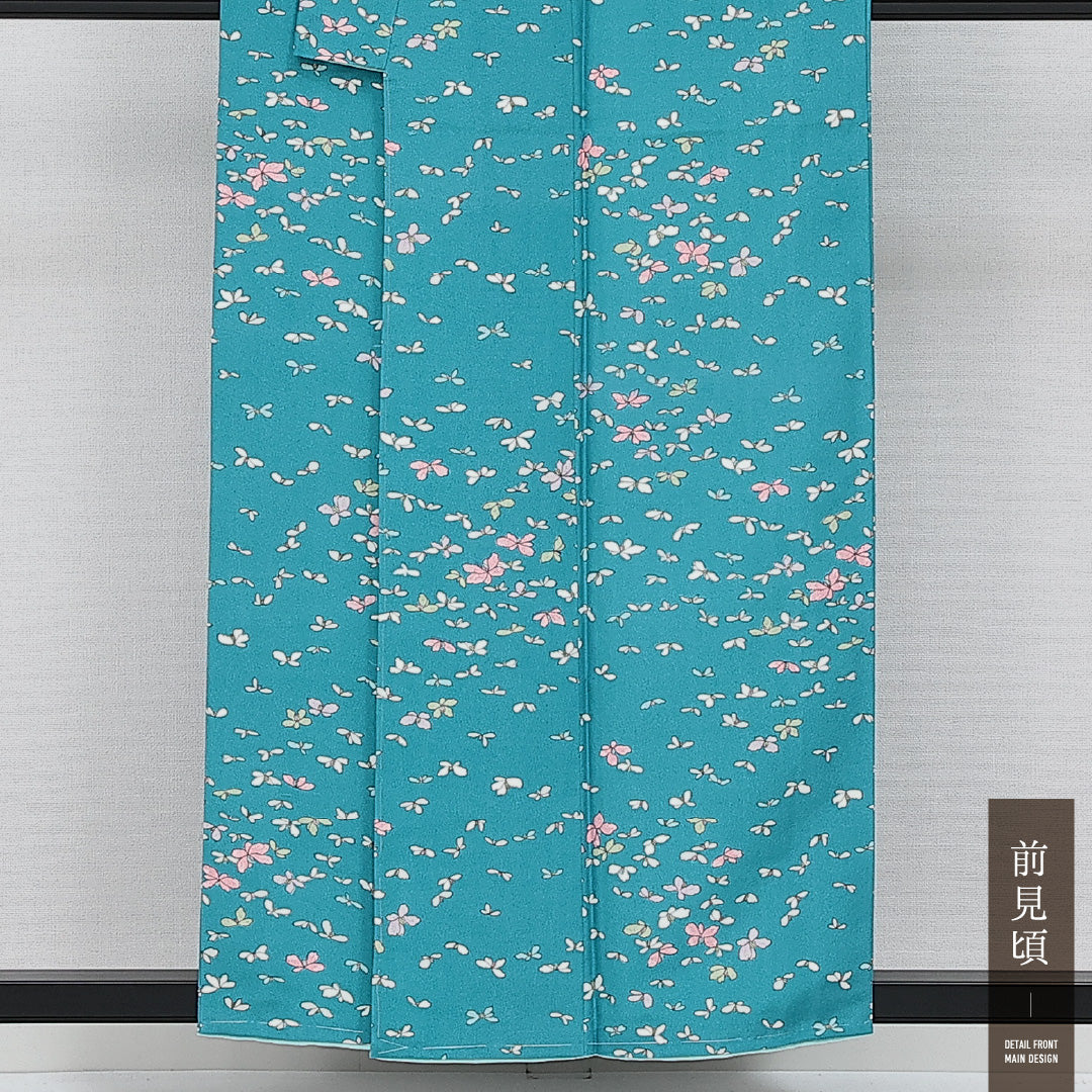 未使用品 洗える着物 小紋 袷 身丈155cm 裄丈63cm ポリエステル Sランク インフォーマル バチ衿 Mサイズ しつけ糸 花柄 水色系 RP 1221-14295
