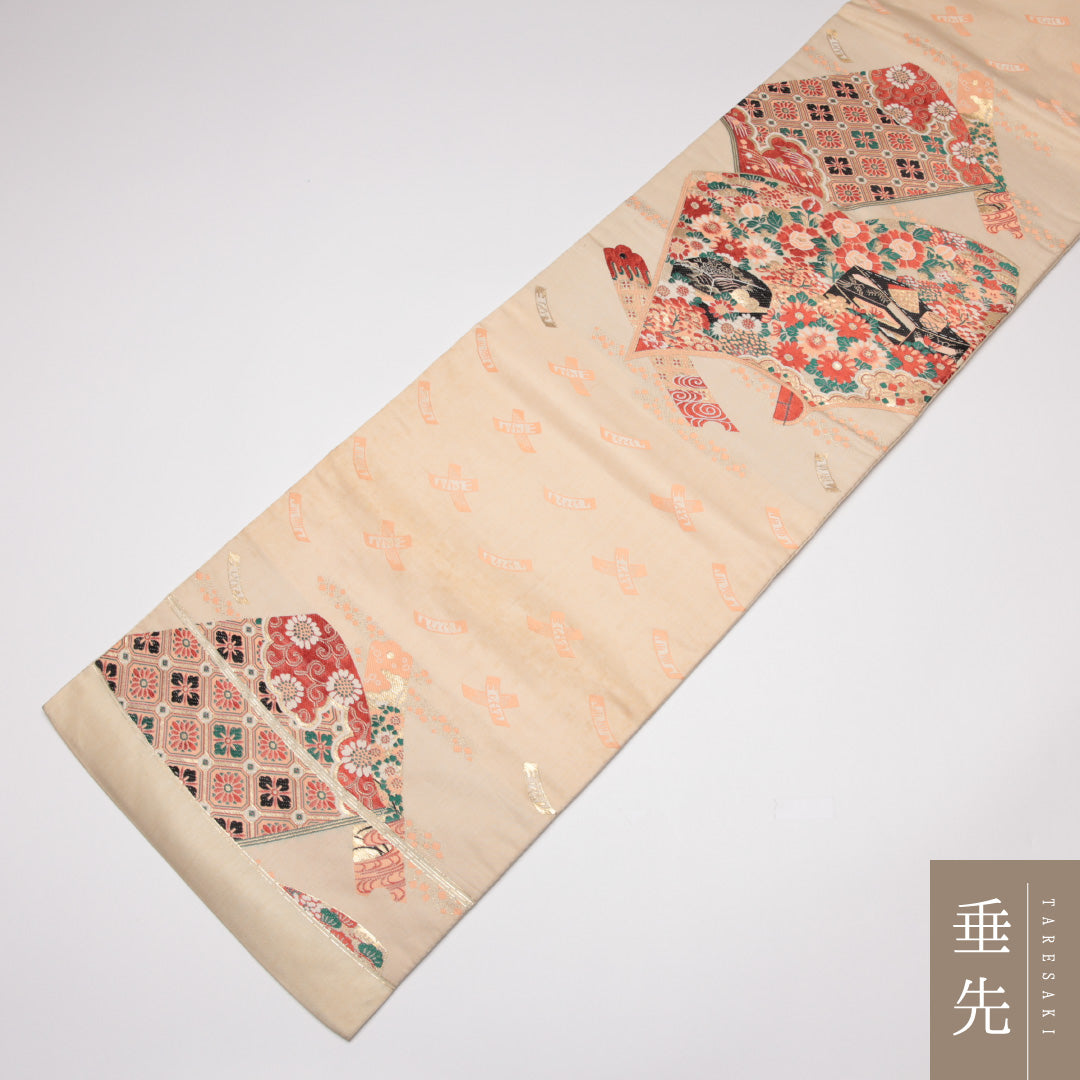 アンティーク 九寸名古屋帯 Cランク 帯丈329cm 正絹 六通 名古屋仕立て 織り 平安絵巻 調度品 クリーム系 LP 1245-01538
