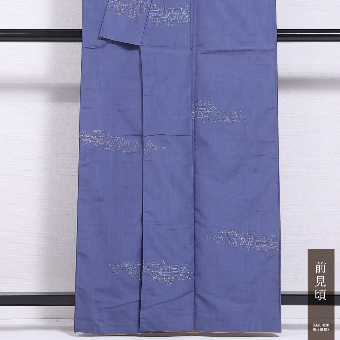 紬 袷 身丈160cm 裄丈63cm 正絹 Cランク カジュアル 広衿 Lサイズ 経総絣 風景柄 建物 紫系 LP 1223-11565