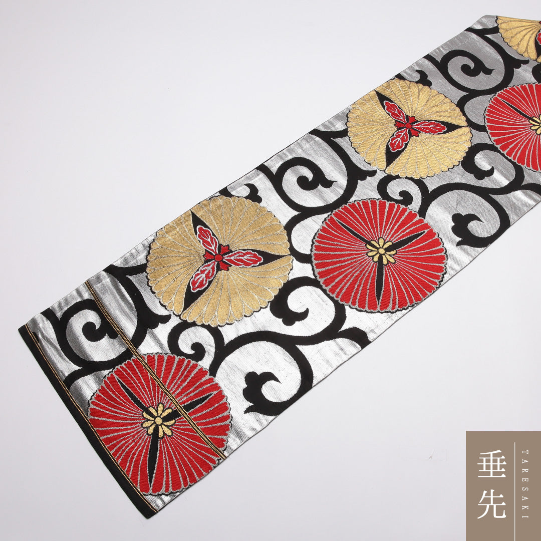 アンティーク 九寸名古屋帯 Aランク 帯丈329cm 正絹 六通 名古屋仕立て 織り 唐草 菊 銀系 M4 1245-01840