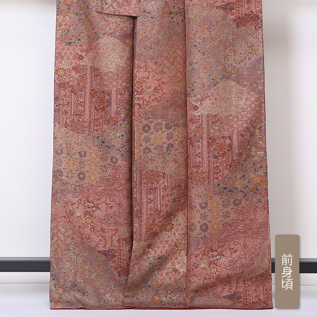 小紋 (錦紗) 袷 身丈165cm 裄丈66cm 正絹 Aランク 広衿 XLサイズ 更紗 茶系 SR 1221-01910
