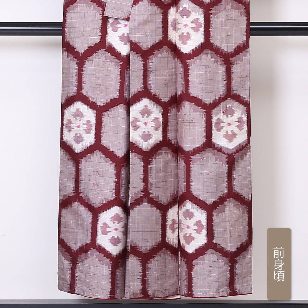 アンティーク 紬 袷 身丈148cm 裄丈61cm 正絹 Aランク バチ衿 XSサイズ 花菱亀甲 赤系 RP 1223-03318
