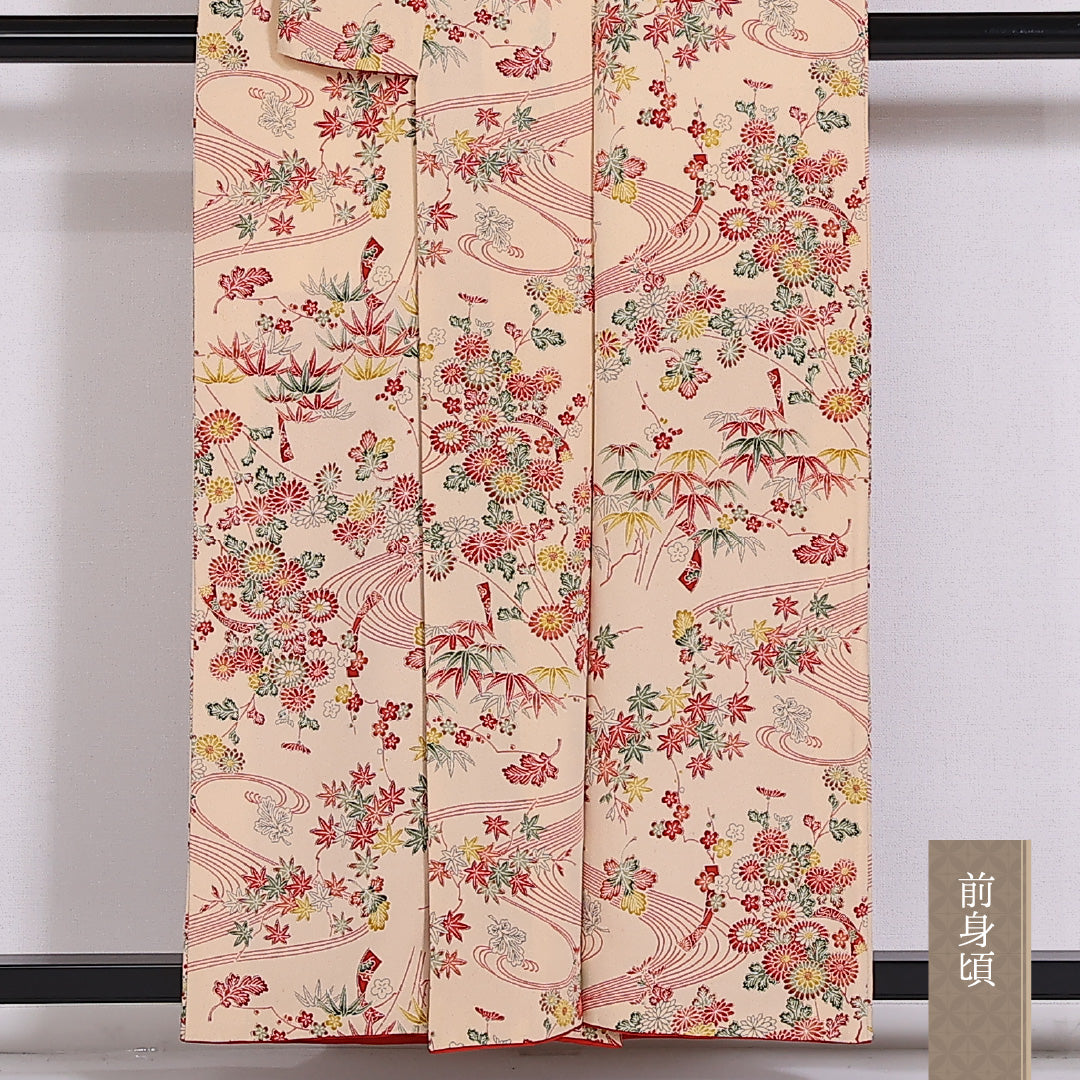 小紋 袷 身丈155.5cm 裄63.5cm 正絹 流水 梅 紅葉 菊 笹 クリーム系 Bランク 1215-02471