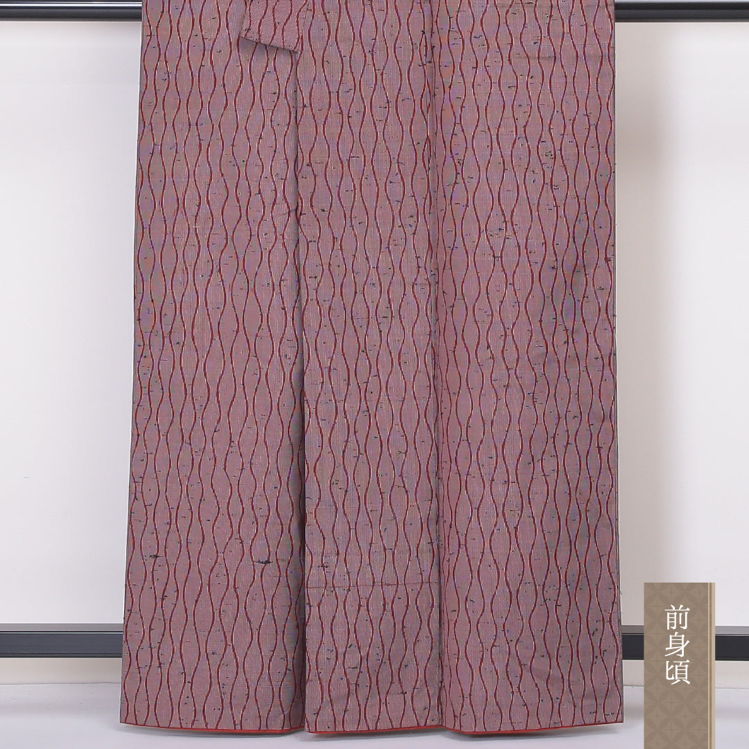 紬 袷 身丈160cm 裄68cm 正絹 よろけ縞 ひげ紬 赤系 Sランク 1216-00931