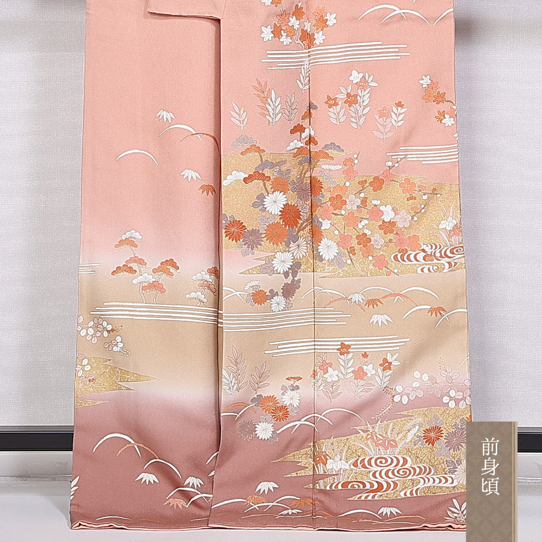 訪問着 身丈170cm 裄丈67.5cm 正絹 Aランク 袷 広衿 菊 観世水 菖蒲 萩 笹 芝草 1212-10426