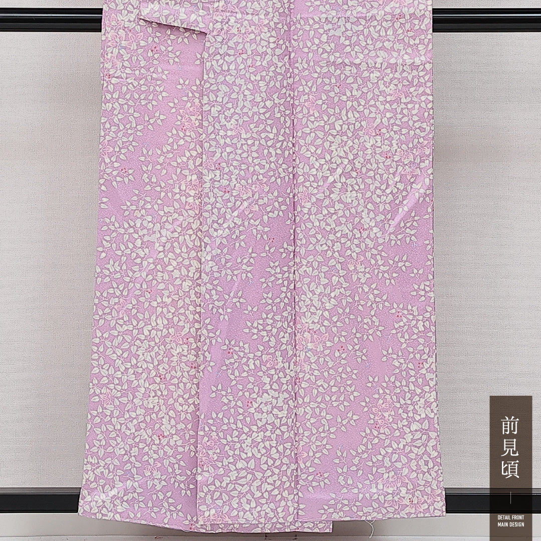 小紋 袷 身丈153cm 裄丈62cm 正絹 Aランク インフォーマル 広衿 Sサイズ 花柄 植物柄 紫系 RP 1221-14257
